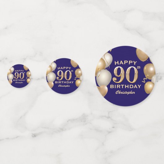 第90回誕生日会ネイビーブルーと金ゴールドバルーン コンフェッティ (正面)