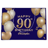 第90回誕生日会ネイビーブルーと金ゴールドバルーン ラージペーパーバッグ (正面)