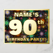 第90回誕生日会:, はっきりしたFireworks カラフル Look 箔招待状ポストカード (正面)