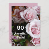 第90誕生会のピンクのバラの花束 招待状 (正面/裏面)
