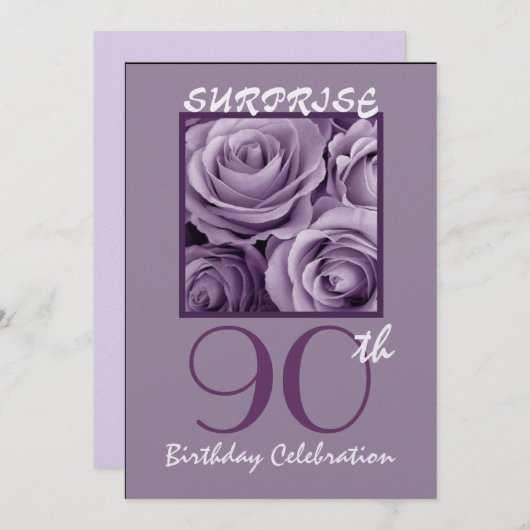 第90誕生会の招待の紫色のバラを驚かして下さい 招待状 (正面/裏面)
