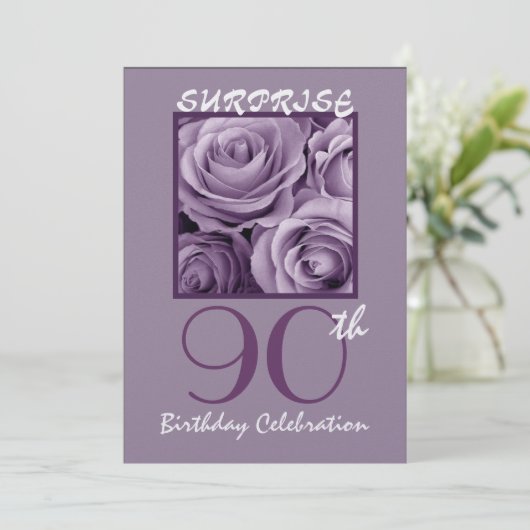 第90誕生会の招待の紫色のバラを驚かして下さい 招待状 (スタンド正面)