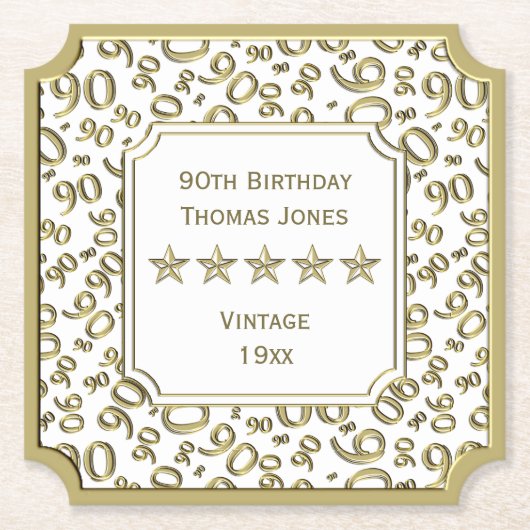 第90誕生会の白か金ゴールドパターンテーマ ペーパーコースター (正面)