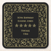 第90誕生会の金ゴールドか黒いパターン スクエアペーパーコースター (正面)