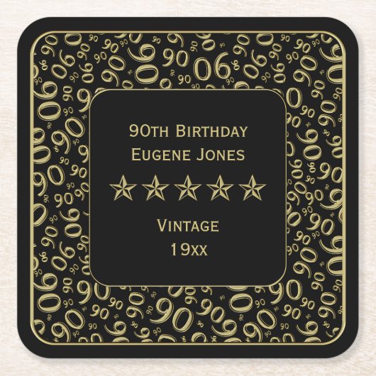 第90誕生会の金ゴールドか黒いパターン スクエアペーパーコースター (正面)
