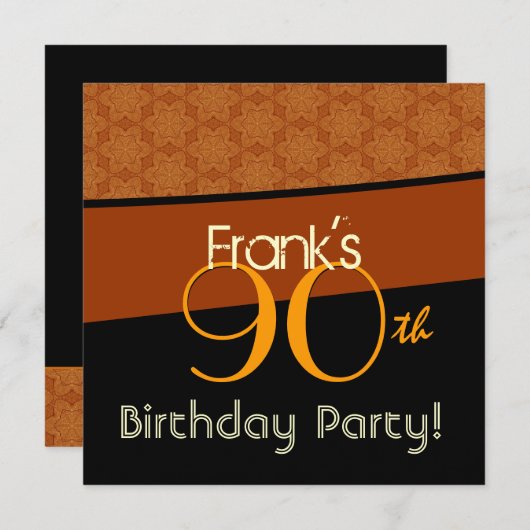 第90誕生会の金ゴールドのオレンジ黒いパターン 招待状 (正面/裏面)