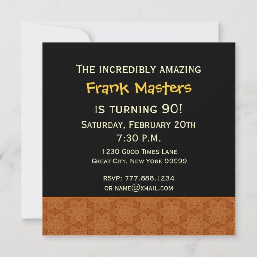 第90誕生会の金ゴールドのオレンジ黒いパターン 招待状 (裏面)