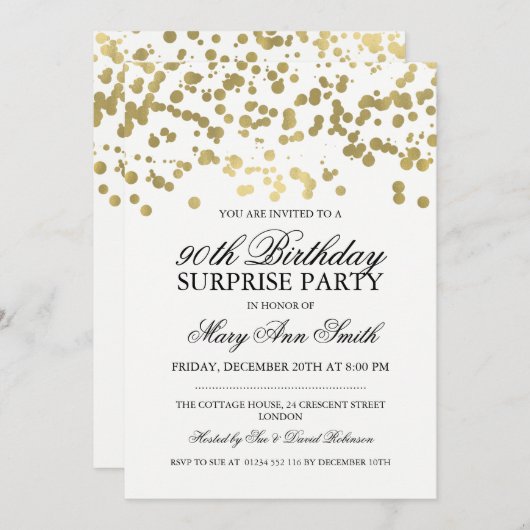 第90誕生会の金ゴールドホイルの紙吹雪を驚かして下さい 招待状 (正面/裏面)