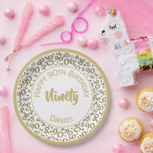 第90誕生会数パターン金ゴールドおよび白 ペーパープレート (パーティー)