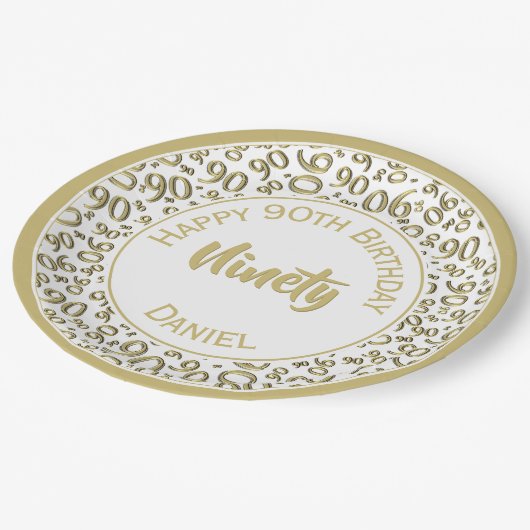第90誕生会数パターン金ゴールドおよび白 ペーパープレート (アングル)