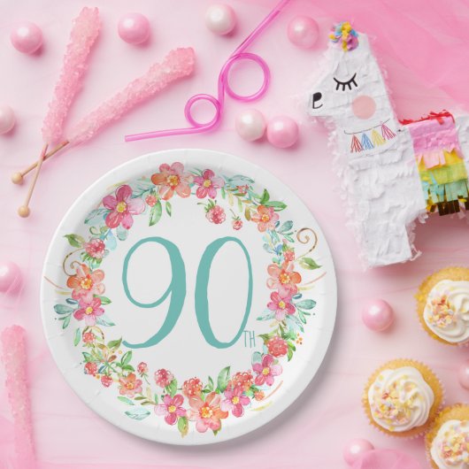第90誕生日のかわいらしい水彩画の花のパーティー ペーパープレート (パーティー)