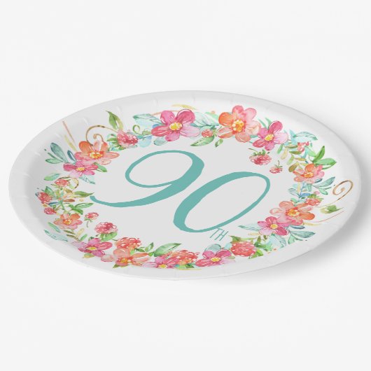 第90誕生日のかわいらしい水彩画の花のパーティー ペーパープレート (アングル)