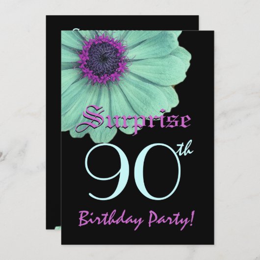第90誕生日のテンプレートの緑の紫色のデイジーを驚かして下さい 招待状 (正面/裏面)