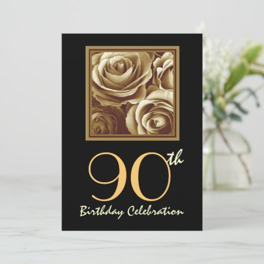 第90誕生日のパーティの招待状の金ゴールドのばら色の花束 招待状 (スタンド正面)
