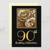 第90誕生日のパーティの招待状の金ゴールドのばら色の花束 招待状 (正面/裏面)