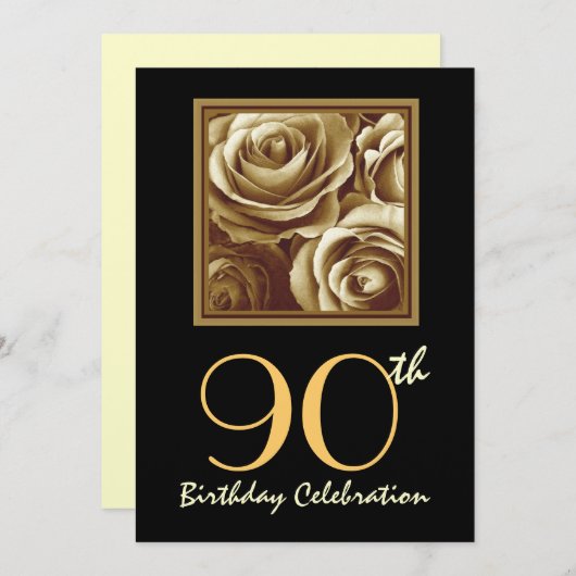第90誕生日のパーティの招待状の金ゴールドのばら色の花束 招待状 (正面/裏面)