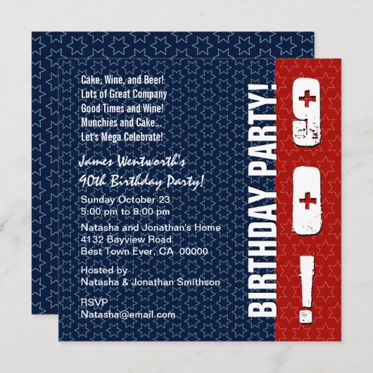 第90誕生日のモダンな赤白青はW302を主演します 招待状 (正面/裏面)