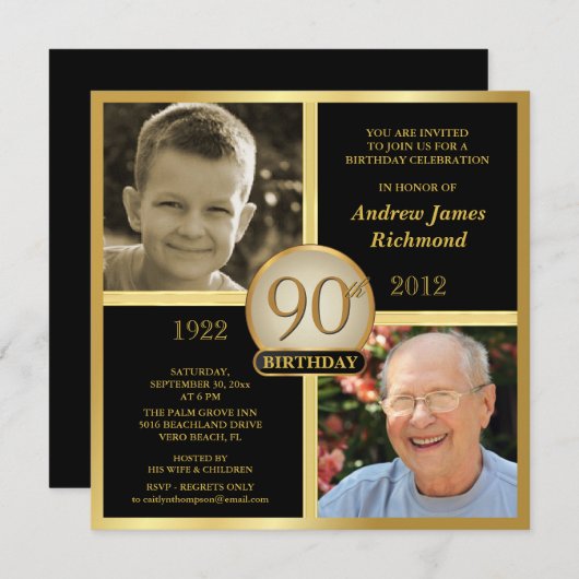 第90誕生日の招待状そして及び今2つの写真 招待状 (正面/裏面)