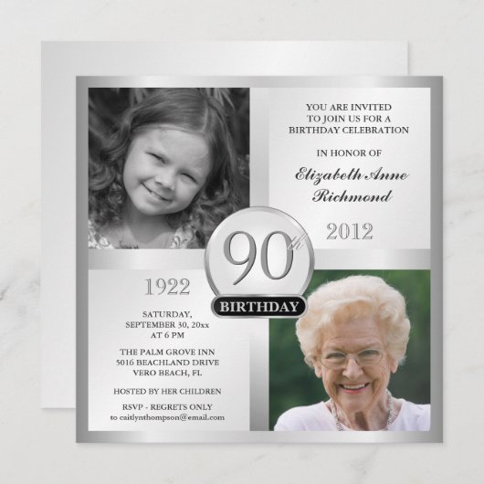 第90誕生日の招待状にそして及び今写真銀を着せて下さい 招待状 (正面/裏面)