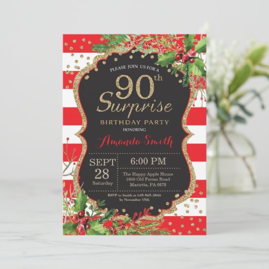 第90誕生日の招待状のクリスマスの金ゴールドを驚かして下さい 招待状 (スタンド正面)