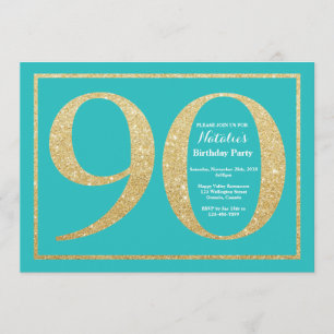 第90誕生日の招待状のティール(緑がかった色)および金ゴールドのグリッター 招待状
