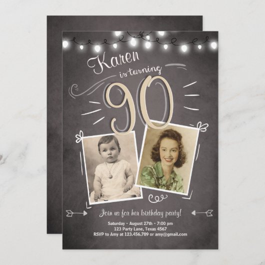 第90誕生日の招待状のヴィンテージ90の誕生日 招待状 (正面/裏面)