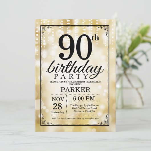 第90誕生日の招待状の金ゴールドのグリッター 招待状 (スタンド正面)