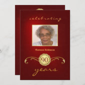 第90誕生日の招待状-王室ので赤いモノグラム 招待状 (正面/裏面)