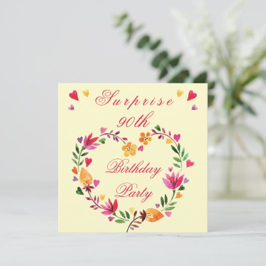 第90誕生日の水彩画の花柄のハートを驚かして下さい 招待状 (スタンド正面)