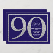 第90誕生日の濃紺および銀のグリッター 招待状 (正面/裏面)