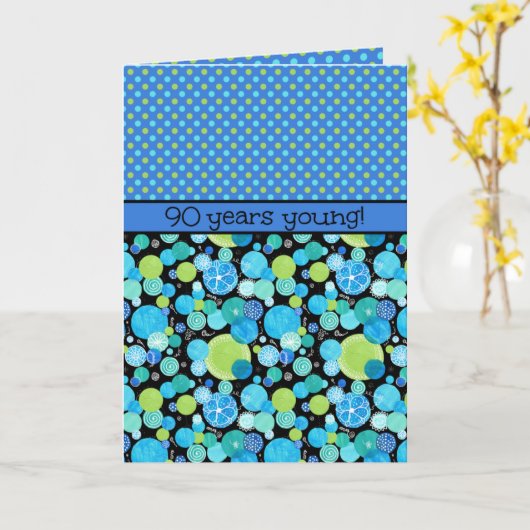 第90誕生日カード:予測できな月と水玉模様 カード (黄色い花)