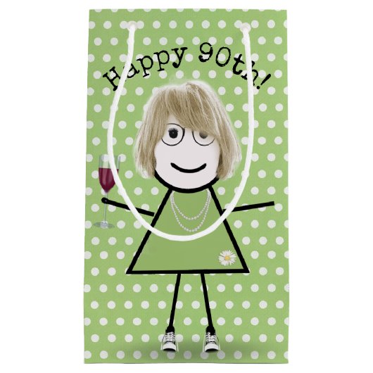 第90誕生日スティックガールとワイングラス スモールペーパーバッグ (正面)