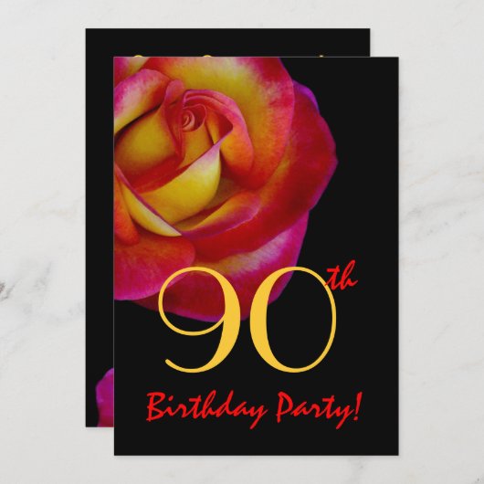 第90誕生日テンプレート-赤と黄色のバラ 招待状 (正面/裏面)