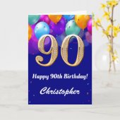 第90誕生日ネイビーブルーと金ゴールドバルーンカラフル カード (黄色い花)
