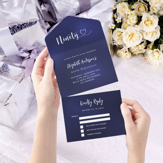 第90誕生日ネイビーブルーシルバーrsvp オールインワン招待状