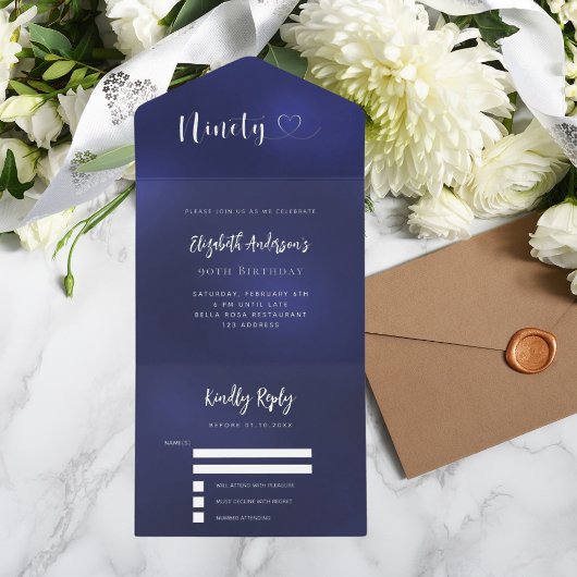 第90誕生日ネイビーブルーシルバーrsvp オールインワン招待状