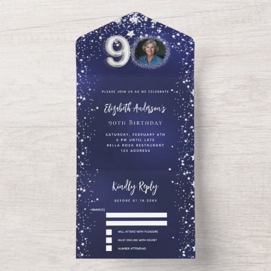第90誕生日ネイビー青写真シルバースターズrsvp オールインワン招待状 (内側)