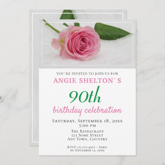 第90誕生日ピンクローズフラワーパーティー 招待状 (正面/裏面)