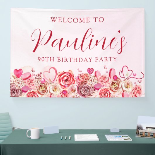 第90誕生日ピンクローズ渦巻形のハート歓迎 横断幕 (トレードショー)