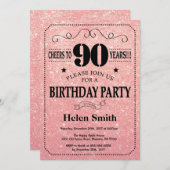 第90誕生日ブラックアンドピンクローズ金ゴールドグリッター 招待状 (正面/裏面)