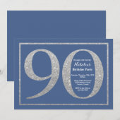 第90誕生日ブルーアンドシルバーグリッター 招待状 (正面/裏面)