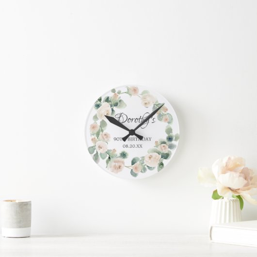 第90誕生日ホワイトローズフローラユーカリリース ラウンド壁時計 (ホーム)