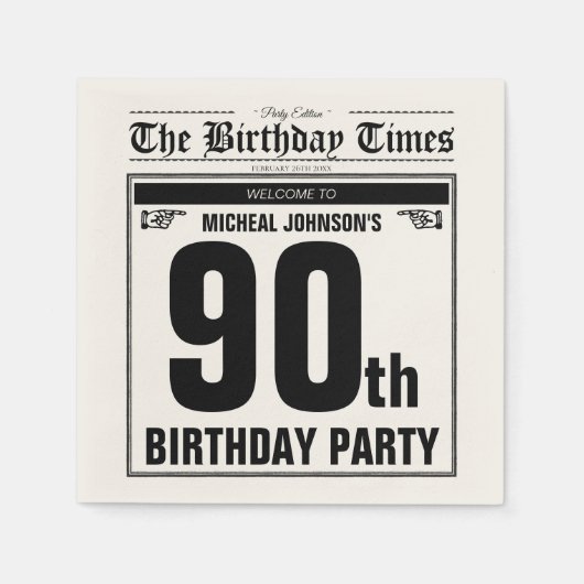 第90誕生日古新聞ヴィンテージカスタムパーティー スタンダードカクテルナプキン (正面)