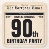 第90誕生日古新聞ヴィンテージカスタム スクエアペーパーコースター (正面)