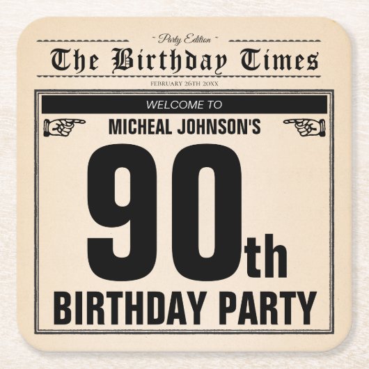 第90誕生日古新聞ヴィンテージカスタム スクエアペーパーコースター (正面)
