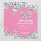 第90誕生日招待状ピンクアンドシルバーダイヤモンド 招待状 (正面/裏面)