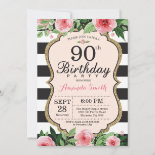 第90誕生日招待状女性。フローラ金ゴールド黒 招待状