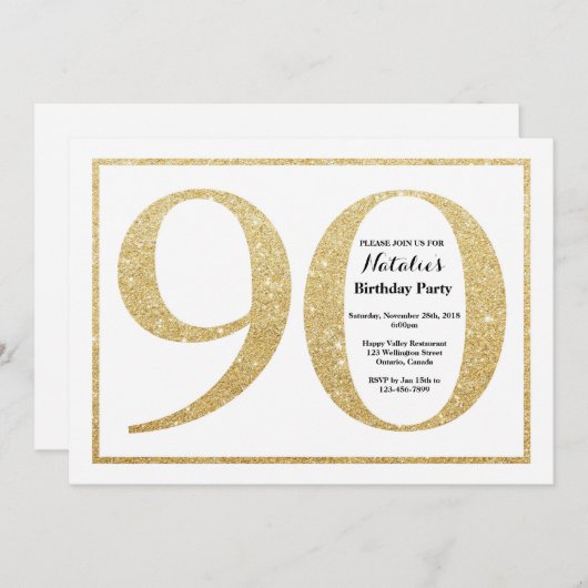 第90誕生日招待状金ゴールドグリッター 招待状 (正面/裏面)
