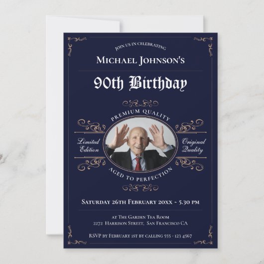 第90誕生日海軍金ゴールドヴィンテージウイスキーラベル 招待状 (正面)