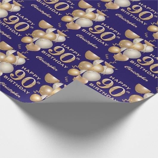 第90誕生日海軍青と金ゴールドグリッター気球 ラッピングペーパー (角)